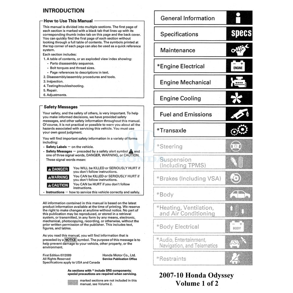 Honda ODYSSEY RL 2007-2010 Full Manual Set – Repair & Maintenance Manual - page 2