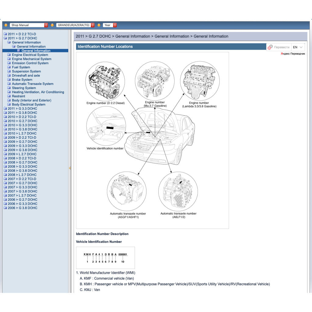 Hyundai GRANDEUR AZERA TG 2005-2011 Full Manual Set – Online Repair & Maintenance Manual - page 2